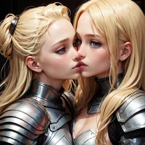 Blond girls on armor kiss