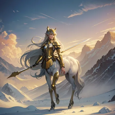 panoramic，Full body photo,Low angle lens,1 elf knight，knight sword， in the snowy forestRiding a white horse,correct anatomy, (Exquisite helmet)，delicate facial features，gold armor，delicate pattern，oriental elements，Ink painting style, clean colors,golden s...