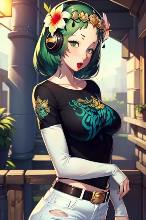 defRhea, headdress, light green hair, hair flower, 1girl, solo, black t-shirt, white shirt, blue jeans, belt, lipstick, large breasts, layered sleeves, headphones