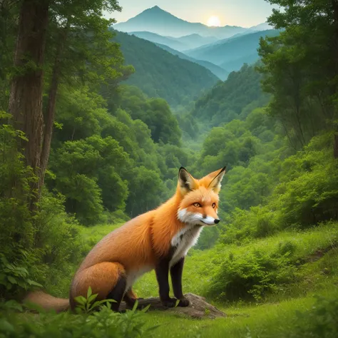 dense and lush green forest, ((detailed red fox head lying)), clear sky, dawn 4:30 AM, mountains, starry sky, fotogenico