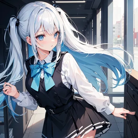 One girl, High school, White hair with blue tips, light blue eyes, black Highschool uniform, cute, 