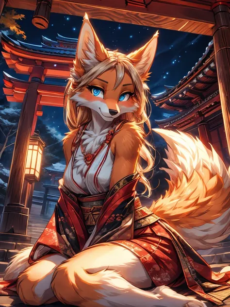 kitsune white fur add high definition_detagregate_detail:1, japanese shrine scenery add_detail:1, whole body_detail, under a tor...