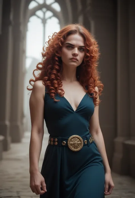 She has long, voluminous red hair that falls in loose curls. Her eyes are a striking green, and her face is oval-shaped with a determined and brave expression. She wears a dark blue dress with gold detailing and a belt that accentuates her waist. She is kn...