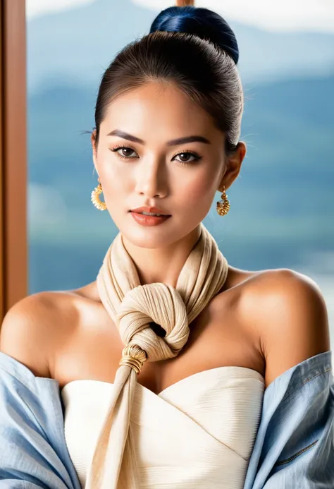 23-year old Thai-japanese girl wears a big-knot french-twist scarf in beige color with fine linen-cotton ribbed texture, wears Cartier necklace, small and lovely monolid-eyes, rounded-face, natural-ivory skin, white crop-top with blue-faded denim