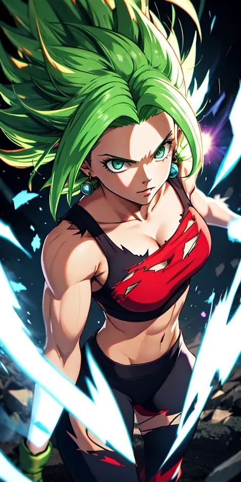 (masterpiece, best quality, ultra-detailed, highres, best illustration), 1girl,cowboy shot of beautiful xyzkefla super saiyan, green hair, green eyes, spiked hair, energy, (torn clothes:1.2), jewelry, aura, leggings, red clothing, detailed, sharp focus, dr...