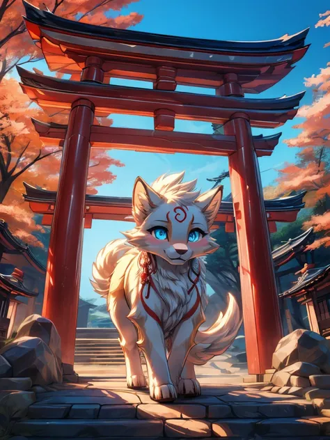 Okami add high definition_detagregate_detail:1, japanese shrine scenery add_detail:1, Whole body_detail, under a tori gate, super detailed pupils, beautiful eyes, bright pupils, jack-o position