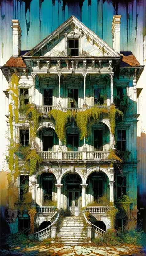 We see from the front the facade of a large abandoned house, great detail of open windows, terrace, luxurious, abandoned, vines begin to take over the facade, art inspired by Bill Sienkiewicz