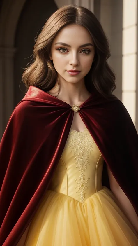 full body, a gorgeous 12 year-old girl wearing a red velvet cape cloak, yellow tulle ball gown, flirtatious smirk, stunning eyel...