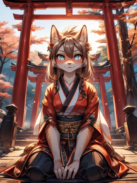 Japanese kistune add high definition_detagregate_detail:1, japanese shrine scenery add_detail:1, Whole body_detail, under a tori gate, super detailed pupils, beautiful eyes, bright pupils, jack-o position