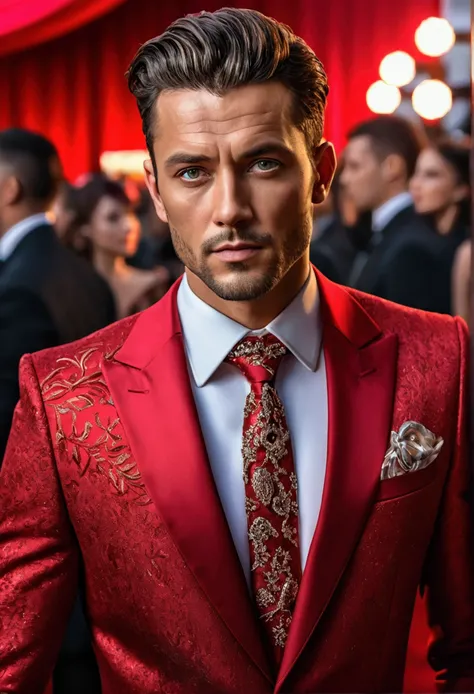 a men as a movie star, (portrait:1.2), (half body:1.2),(face focus:1),  modelshoot style, (extremely detailed CG unity 8k wallpaper), Intricate, High Detail, Sharp focus, dramatic, ((movie premiere gala)), ((standing on the red carpet)), ((paparazzi in the...