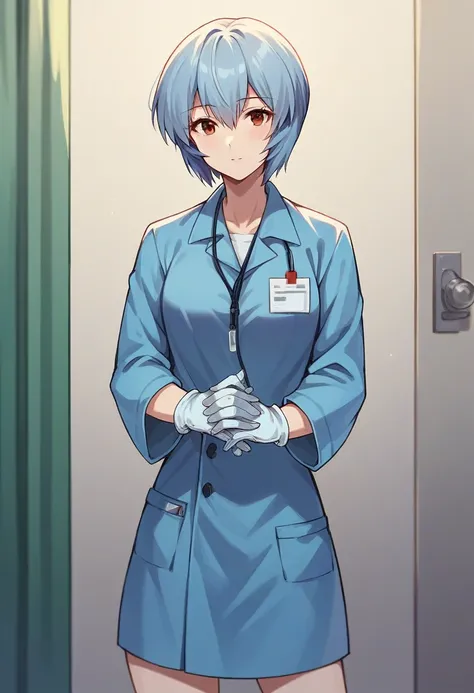 1girl, rei ayanami, ((blue medical gloves)), (doctor uniform), ((long sleeves)), looking at viewer, standing, solo

