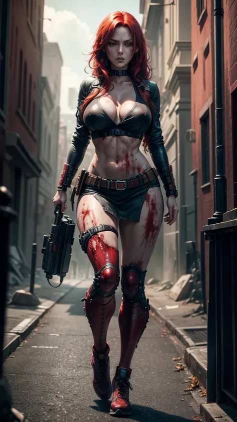 Red hair, medium body, medium tits, full body image, (maximum resolution 8k) High resolution, apocalipsis zombie, 