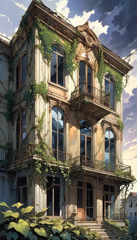 We see from the front the facade of a large abandoned house, great detail of open windows, terrace, luxurious, abandoned, vines begin to take over the facade, dark clouds, art inspired by Bill Sienkiewicz
