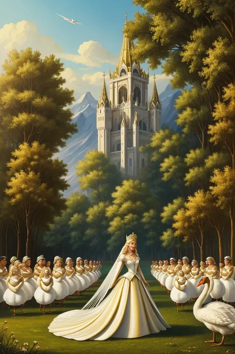 Swan Princess,Tsar Saltan goes to meet her. on the background, 33 heroes and Uncle Chernomor. Squirrel gnaws golden nuts,