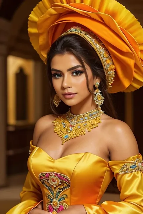 a close up of a woman in a colorful dress posing for a picture, Beautiful costume, orange and yellow costume, colorful dress, Beautiful Mexican woman, Detailed dress and face., Full of colours and rich detail, embellished dress con volantes, traditional be...