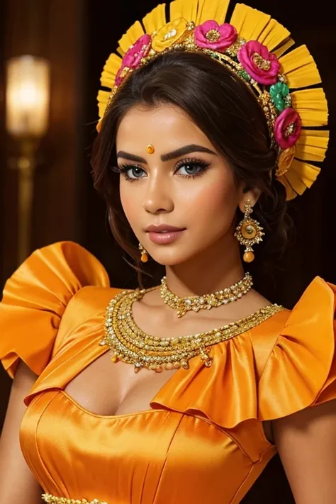 a close up of a woman in a colorful dress posing for a picture, beautiful costume, orange and yellow costume, colorful dress, be...