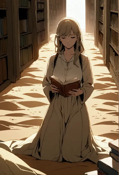 scene for the cover of a modest Caucasian woman in a library reading books buried in the desert sands