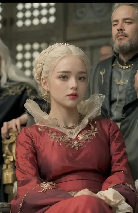 Golden silver hair, Pale skin, large eyes, full lips, Targaryen 