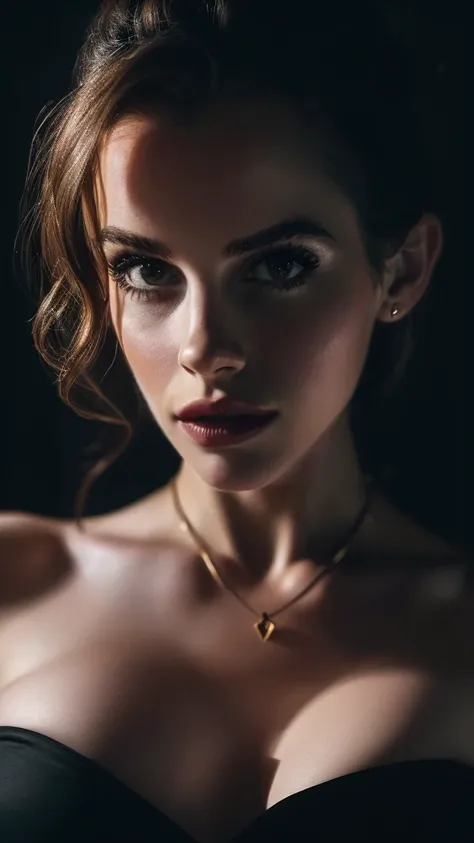 (Emma Watson),(((surreal))) photo, masterpiece, top quality, (pale skin), (Super detailed face and eyes:1.3), 1 girl, aldult, Wearing a black T-shirt, A necklace hangs from the chest, necklace cleavage， (eye makeup, black mascara) , ((Large, delicate lips)...