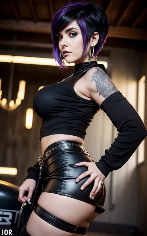  8k, gorgeous, highly detailed, big booty goth girl, (Ramona Flowers haircut), goth, punk, round bottom, facing away from camera, looking over her shoulder, (wide hips), miniskirt, slim waist, hoop earrings 