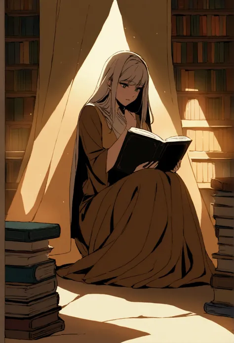 scene for the cover of a modest Caucasian woman in a library reading books buried in the desert sands