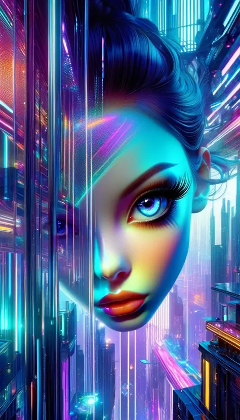 a futuristic surreal impressionist world, 1girl, beautiful detailed eyes, beautiful detailed lips, extremely detailed face, long eyelashes, elegant pose, dramatic lighting, glowing cyberpunk cityscape, floating architecture, neon lights, holographic displa...