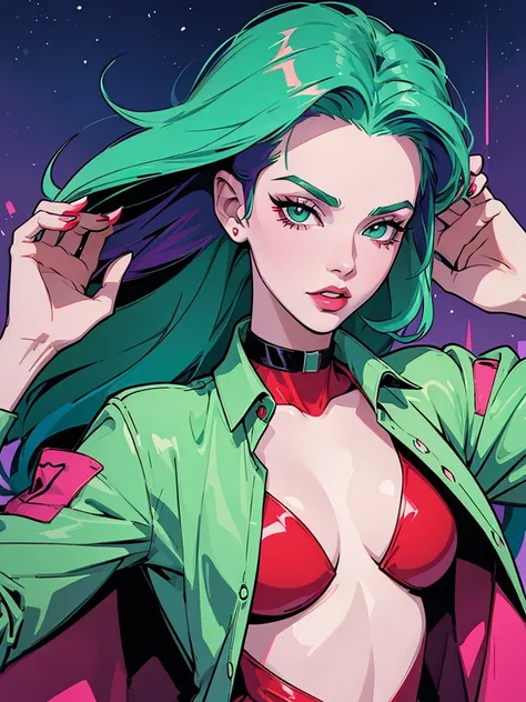 Open shirt, A stunning illustration ((Patrick Nagel Style)), A girl with green hair, with red cyberpunk outfit, in a colorful meadow, at night, flat colours, no shadows, 