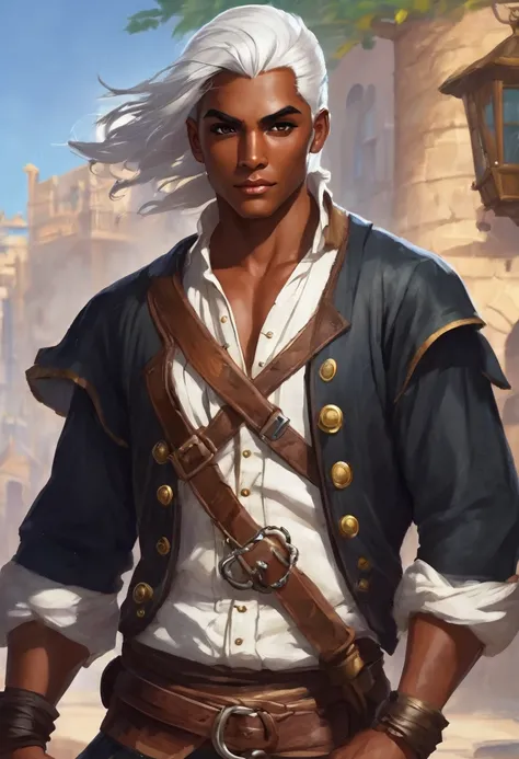 A young pirate with a muscular physique and tanned dark skin. Strikingly white short hair fluttering in the wind. Beautiful young pleasant face. He&#39;s dressed in a pirate outfit, consisting of a white shirt with rolled up sleeves, dark brown vest, decor...