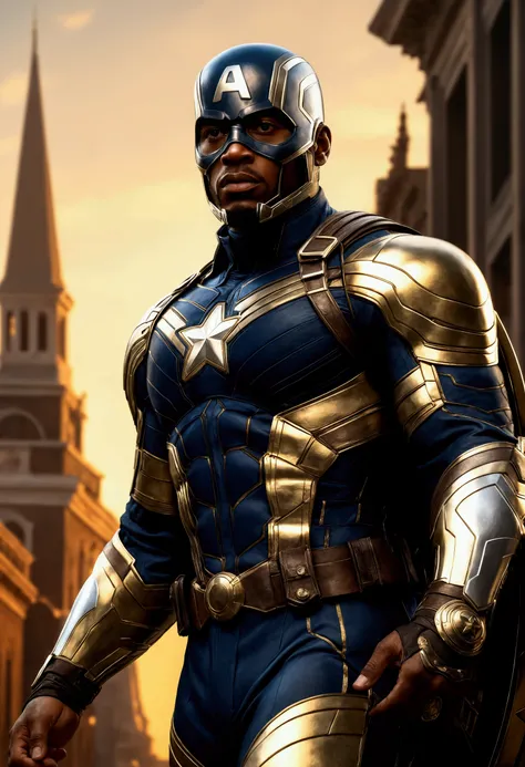 Full body photo of a black Captain America in a white and gold armor style suit, No mask, White Cape, Looking at the center camera, Perfect composition, beautiful detailed intricately detailed octane render Art Station Trends, 8K Art Photography, Photoreal...