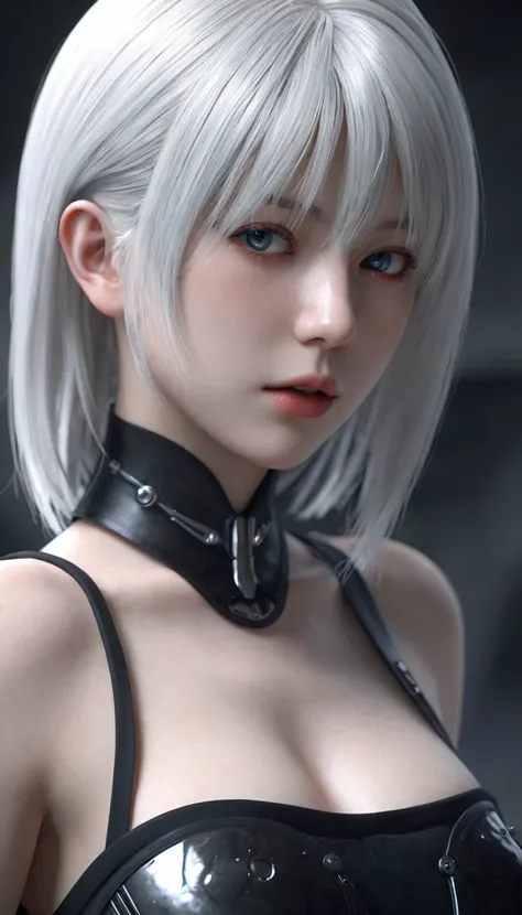 Yorha, beautiful android girl, white hair, black dress, detailed face, detailed eyes, detailed lips, extremely detailed, high quality, digital art, hyper detailed, cinematic lighting, dramatic shadows, dramatic colors, sci-fi, futuristic, dystopian, intric...