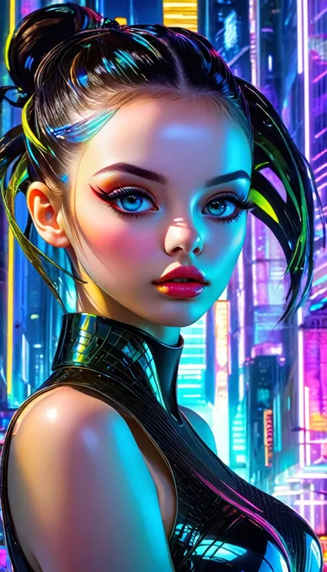 a futuristic surreal impressionist world, 1girl, beautiful detailed eyes, beautiful detailed lips, extremely detailed face, long eyelashes, elegant pose, dramatic lighting, glowing cyberpunk cityscape, floating architecture, neon lights, holographic displa...