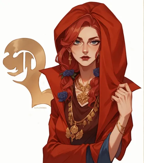 anatomical correct, mão com anatomical correct, A woman with straight red hair, pele caucasiana, gold necklace in the shape of a stele, a mage, low-cut and elegant dress with gold details