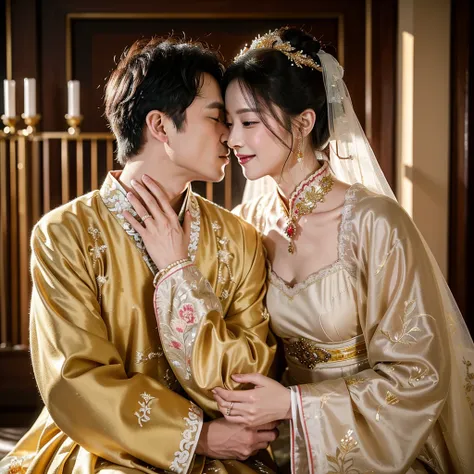 ((Highest quality)), ((masterpiece)), (detailed), （Perfect Face）、The woman is wearing a gorgeous, glittering Hanfu with gold embroidery and trim, and an engagement ring.、The woman and the middle-aged Chinese man embrace each other, kiss each other in vows,...