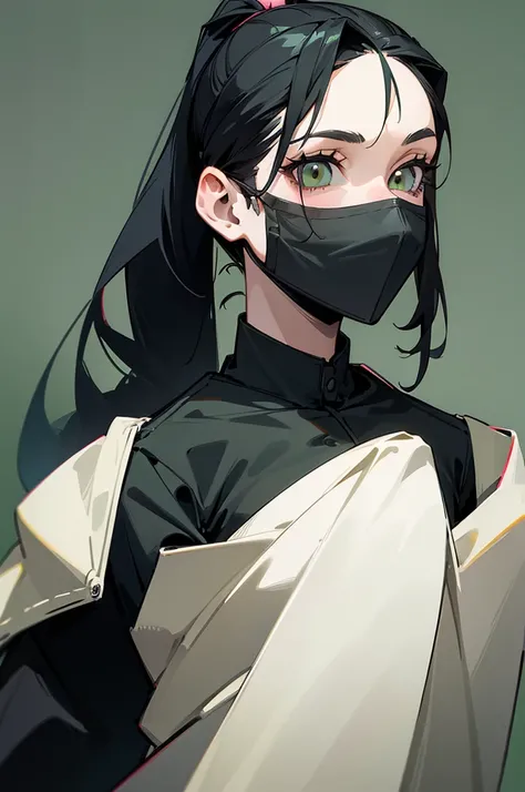 A young woman with long black hair tied in a high ponytail, very clear skin, dark green eyes, thin and with a friendly face, wears detective clothes from the 2000s