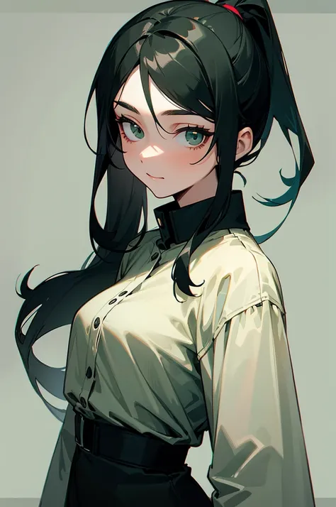 A young woman with long black hair tied in a high ponytail, very clear skin, dark green eyes, thin and with a friendly face, wears detective clothes from the 2000s