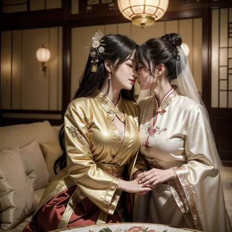 ((Highest quality)), ((masterpiece)), (detailed), （Perfect Face）、The woman is wearing a gorgeous, glittering Hanfu with gold embroidery and trim, and an engagement ring.、The woman and the middle-aged Chinese man embrace each other, kiss each other in vows,...