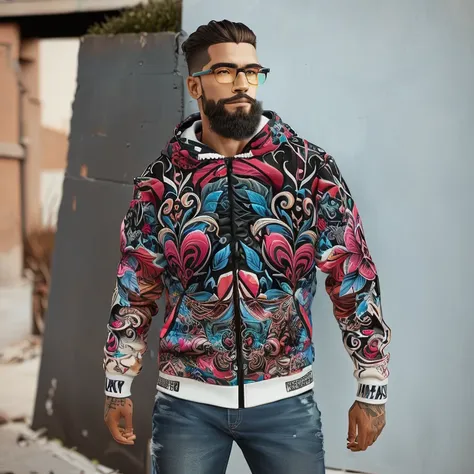 trimmed man with a colorful jacket and glasses in front of a wall, highly intricate, hyperdetailed colourful, complexly detailed...