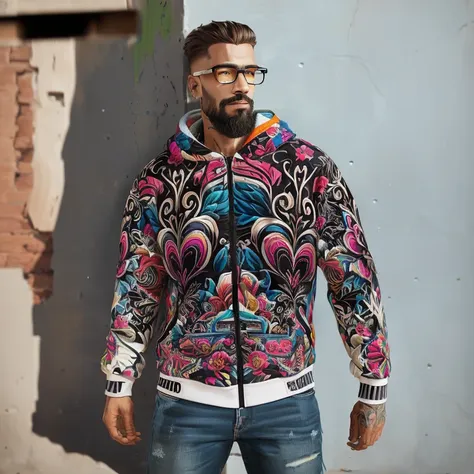 trimmed man with a colorful jacket and glasses in front of a wall, highly intricate, hyperdetailed colourful, complexly detailed...