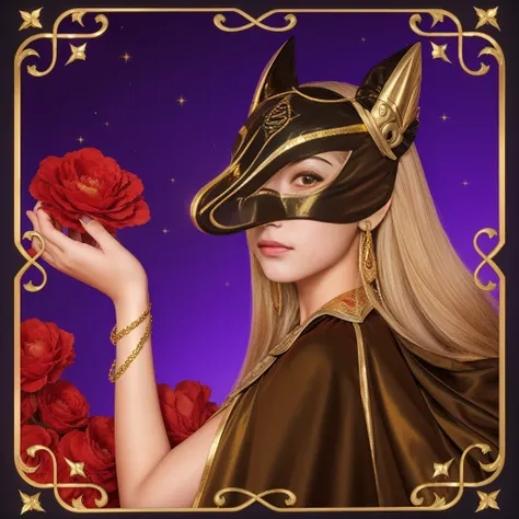 a gorgeous 12 year-old girl wearing a egyptian mask with a gold satin cape cloak, mesmerizing fantasy render, extremely detailed...