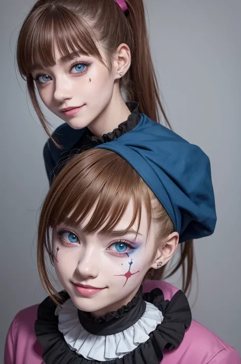 create a 15 year old girl in the Jujutsu Kaisen drawing style, She has fair skin with clown makeup, brown hair with colorful highlights tied in a single high ponytail, messy bangs, dead blue eyes, host outfits mixed with colorful clown outfits, She is smil...