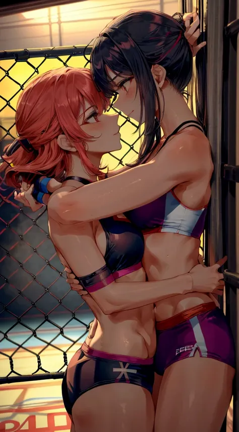 2 women hugging in an mma cage, wearing sexy mma clothes, on a hot summer day, sexy:1,5, yuri, lesbian, nsfw, lascivious:1,5, st...