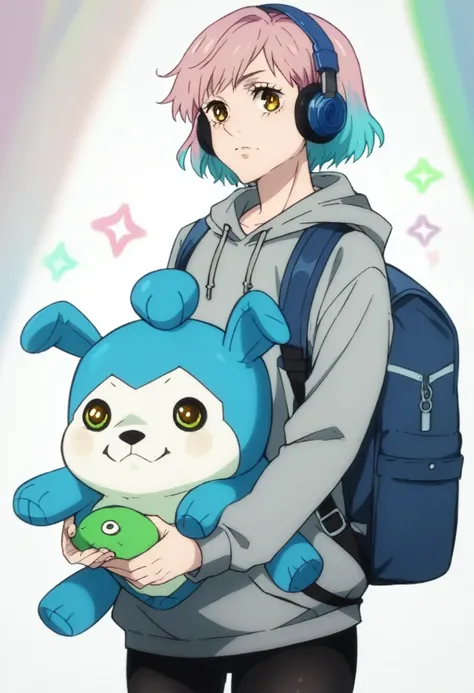 Jujutsu Kaisen style, vibrant colors, androgynous anime girl, bright pink and bright blue dyed hair, amber eyes, wearing black headphones, grey hoodie and black leggings, light blue backpack on, holding a cute green mochi plush