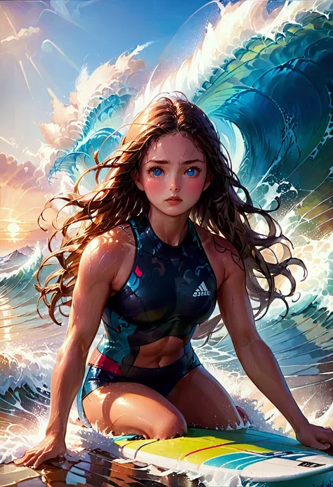 1girl, Surfing, a surfer riding a huge wave, ocean waves crashing, beautiful detailed eyes, beautiful detailed lips, extremely detailed face and skin, long hair blowing in the wind, muscular fit body, ocean spray, golden hour lighting, vibrant colors, cine...