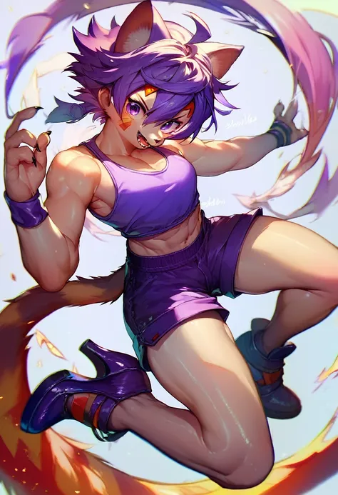 a (kemono cat ninja goddess) with short purple hair and purple eyes, (((wearing a purple tank top, purple shorts, and high heel ...