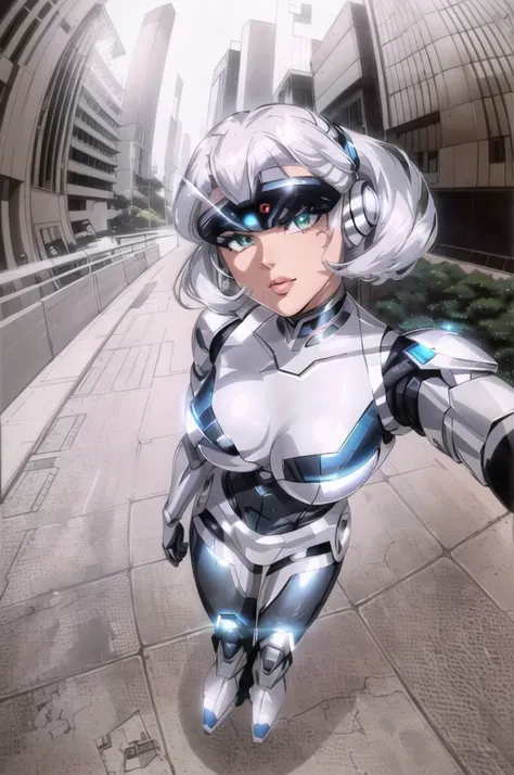 there is a woman in a silver robot suit taking a selfie, cyborg - girl with silver hair, cyborg - girl, cyborg girl, perfect ani...