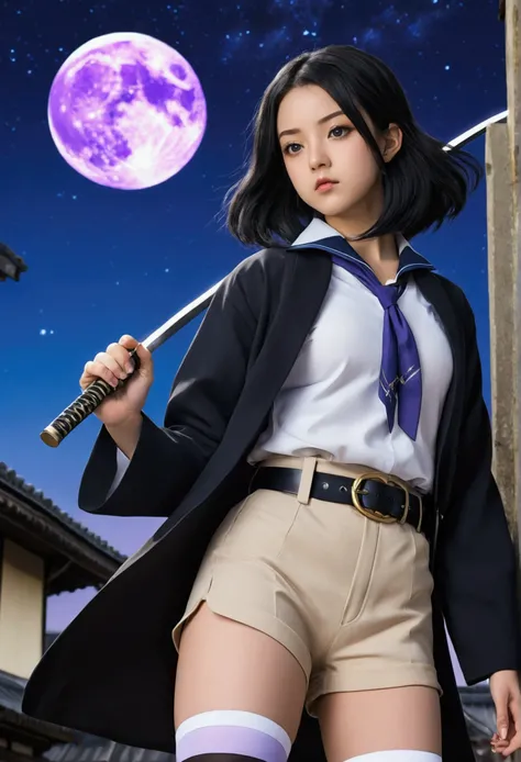 Captura de pantalla Kimetsu no Yaiba. Young woman long wavy black hair. Golden eyes long and thick eyelashes.  Wearing hunter uniform, black jacket shorts black belt. High beige stockings and black sandals.  Featuring a white overlay with blue gradient and...