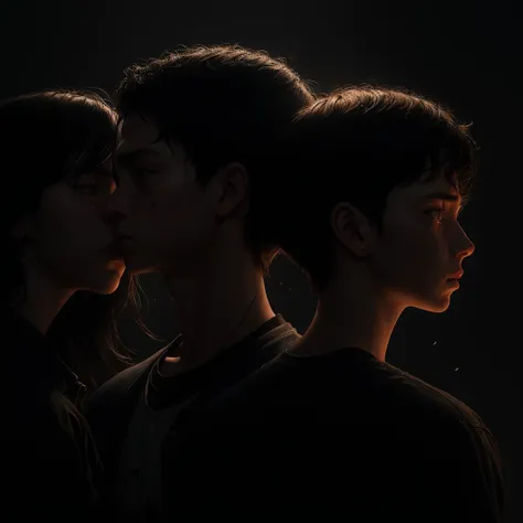 a boy and a girl back to back, sad atmosphere, boy with head down, girl with head raised, friends, cinematic lighting, moody col...