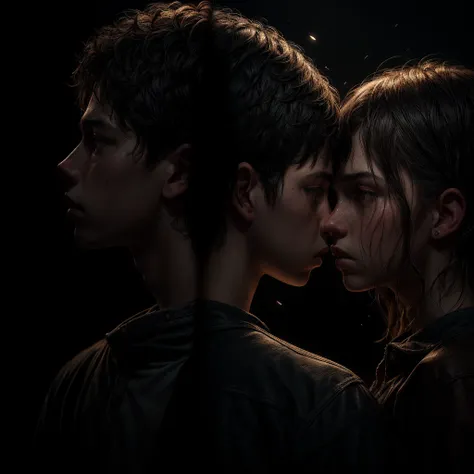 a boy and a girl back to back, sad atmosphere, boy with head down, girl with head raised, cinematic lighting, moody colors, deta...