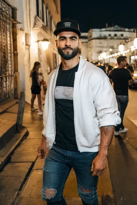 street style portrait of a 32 year old brazilian man, lindo before the king lisa, shorth hair, snapback hat for an oversized bom...