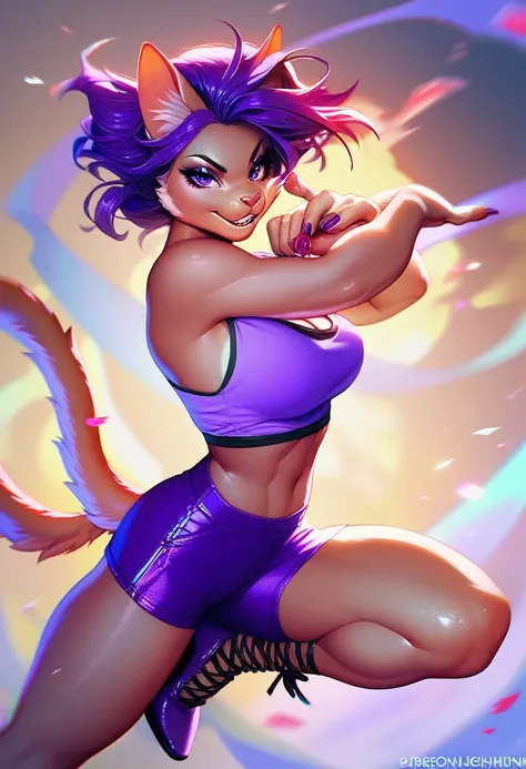 a (anthro cat form, ninja goddess with short purple hair and purple eyes), (((wearing a purple tank top, purple shorts, and high...